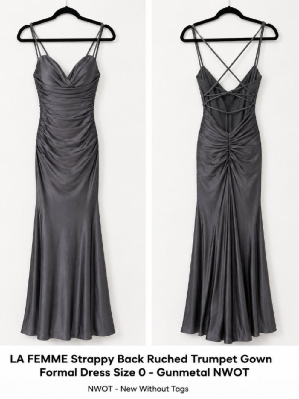 LA FEMME Strappy Back Ruched Trumpet Gown Formal Dress Size 0 - Gunmetal NWOT
